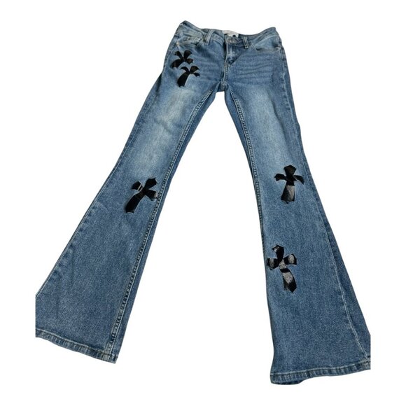 Austin Landing Women's Gothic Embroidered Crosses Flare Leg Blue Jeans Y2K Sz 1 - Picture 2 of 12